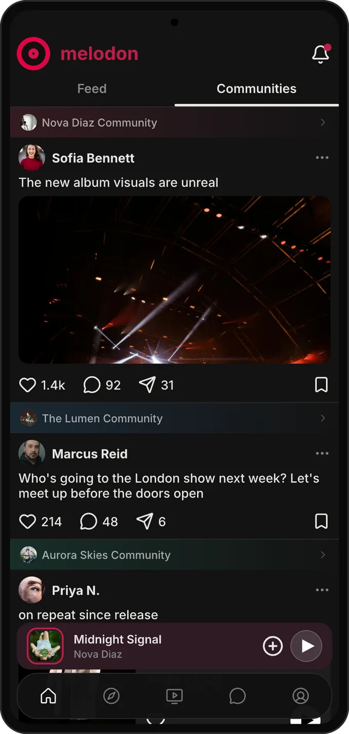 An artist fan community feed on Melodon
